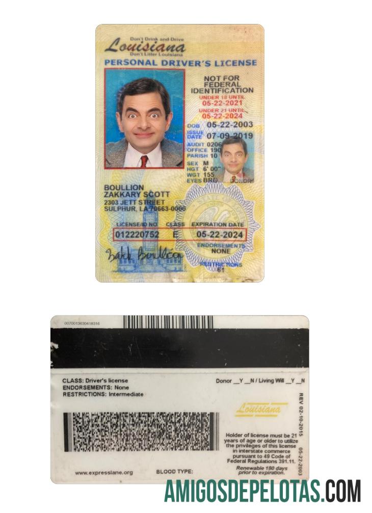 Carta de condução para menores de 21 anos nos EUA Louisiana amostra